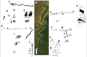 Karte der Fundstätten monumentaler Felskunst entlang des Orinoco sowie Skizzen der Felsbilder