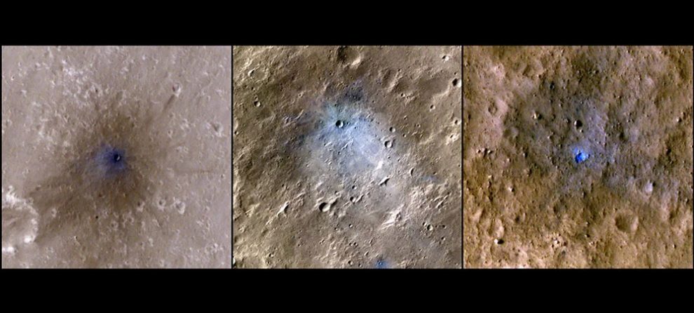 Bilder von drei Kratern nach Meteoriteneinschlägen auf dem Mars