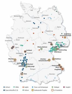 Deutschlandkarte mit Markierungen von heimischen Rohstoffquellen