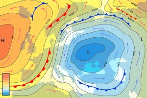 Wetterkarte zeigt ein Tiefdruckgebiet über Osteuropa und dem Nahen Osten